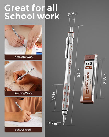 Nicpro Blocky Gear 0.3 mm Mechanical Pencils Set in Case, Metal Pencil with Lead Refills, Eraser for Professional & Adult Art Writing Drafting Drawing