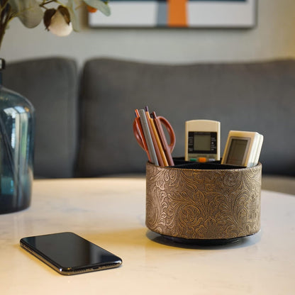 lizimandu Round Leather Art Supply Organizer,Remote Control Holder,360 Degree Spinning,Multi-Functional Pencil Holder,4 Compartments Desktop Stationary Organizer(1-Gold)