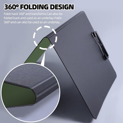 Clipboard Folder, A4 Foldable Clipboard with Horizontal and Vertical Double Metal Clips, 360 Degree Foldable Binder Clipboards with Pen Holder, File Cover Work Folder Clipboards, Green