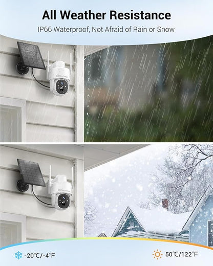 Solar Security Cameras Wireless Outdoor, 2K WiFi Cameras for Home Security, 360° PTZ Surveillance Camera with PIR, Color Night Vision, 2-Way Talk, IP66 Waterproof, SD/Cloud, Work with Alexa (2 Pack)