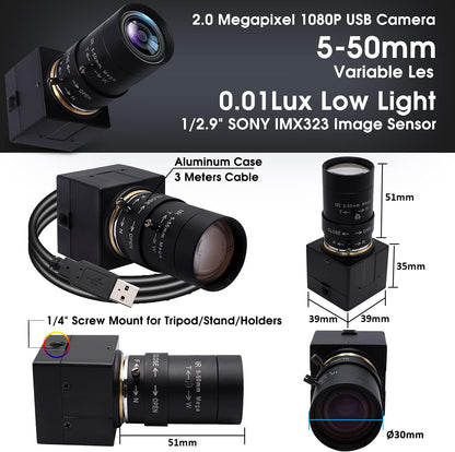 SVPRO 5-50mm Zoom Lens USB Camera 1080P with Sony IMX323 Sensor, H.264 HD Camera with 0.01lux Ultra Low Light USB Webcam for Weak Light Conditions,PC Cam for Windows Linux Mac Android