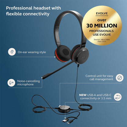 Jabra Evolve 30 II Wired Dual-Ear Headset with Mic for Work - 3.5mm Jack or USB-A/USB-C Connectivity, Computer Headset with Noise-Cancelling Microphone, Works with Online Meeting Platforms - Black