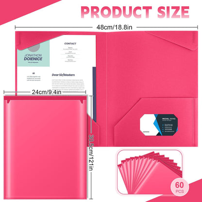 Henoyso 60 Pcs Plastic Folders with Clear Front Pockets Heavy Duty File Folders with 2 Pockets and Card Slot for Student Communication School Office Presentation Report (Hot Pink)