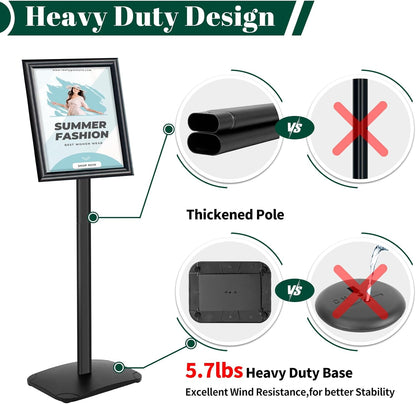 Heavy Duty Pedestal Sign Holder for Display, 8.5 x 11 inches Adjustable Floor Standing Sign Holder with Weighted Base , Vertical and Horizontal View Sign Stand for Indoor/Outdoor Advertising，Black