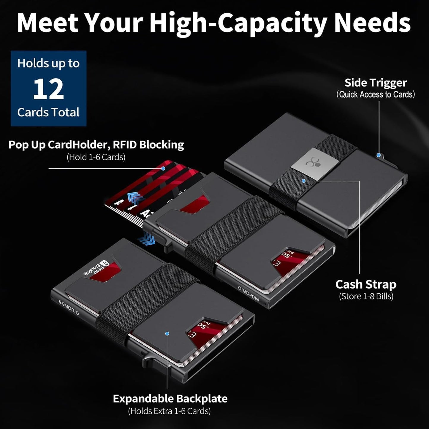 Slim Aluminum Card Holder Wallet for Men, Durable Expandable Backplate, RFID Blocking Minimalist Metal Pop Up Wallet, Holds 12+ Cards Plus Cash (Black)