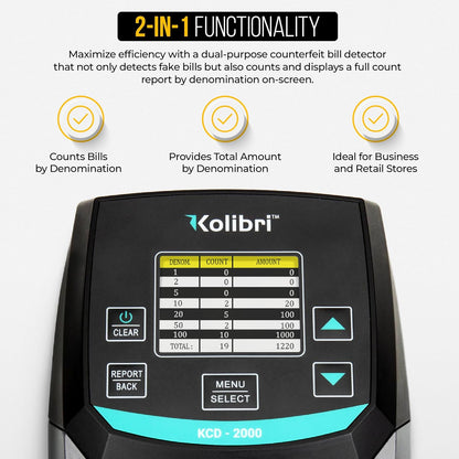 KOLIBRI KCD-2000 Advanced Counterfeit Bill Detector | All-Orientation Counterfeit Detection Bill Counter | Money Counter by Denomination | Detect Fake Bills Fast