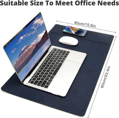 Magnetic Wireless Charging Desk Mat, 23.4"x15.6" Large Office Mouse Pad, Microfiber Leather Mouse Mat with Ultra-Smooth Surface, Waterproof Computer Keyboard Desk Mat for Office & Home, Laptop, Blue