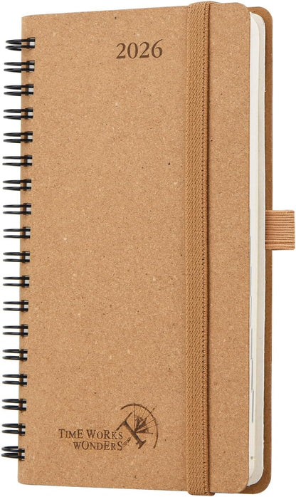 POPRUN 2026 Recycled Weekly Planner 12 Months Pocket Size (3.5'' x 6.5'') - Spiral Calendar Weekly and Monthly for Purse, with Italian Regenrated Leather, Pen Holder - Desert Brown