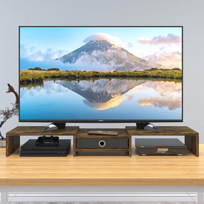 WESTREE Dual Monitor Stand Riser with Drawer, 3 Shelf Computer Monitor Riser with Adjustable Length and Angle, Desktop Monitor Stand Riser Storage Organizer for 2 Monitors