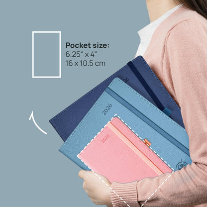 POPRUN Weekly Planner 2026 Calendar (Pocket 4'' x 6.25'') 12 Months Notebook with Horizontal Layout, Leather Hardcover, Inner Pocket, 100GSM Thick Paper, Pen Holder - Soft Pink