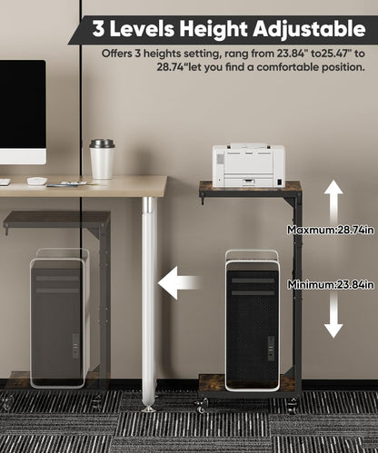 Computer Tower Stand, 2-Tier Metal CPU Holder Stand with Lockable Wheels, Adjustable Under Desk PC Shelf, Mobile Rolling Computer Cart for Home, Office, Gamers and Students, Black