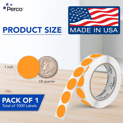 Perco Fluorescent Orange 1-Inch Round Circle Dot Sticker Labels with Easy Peel Perforation - 1,000 Labels per Roll - Strong Adhesion, Vibrant Colors for Organizing, Crafting & More - Made in USA