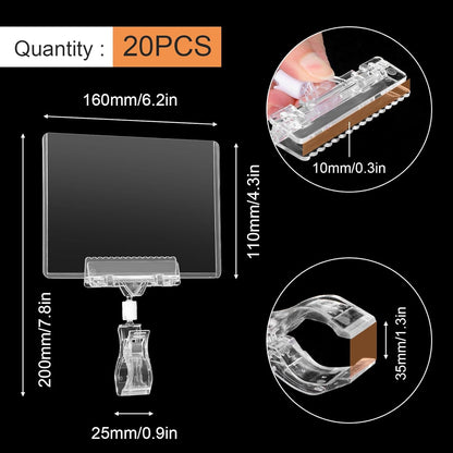 20 Pcs Clear Rotating Sign Holder with Clip, Sign Clips POP Swivel Sign Holding Clamp for Retail Store Office, 4x6 Inch PVC Card Holder Protector for Merchandise Display Tags