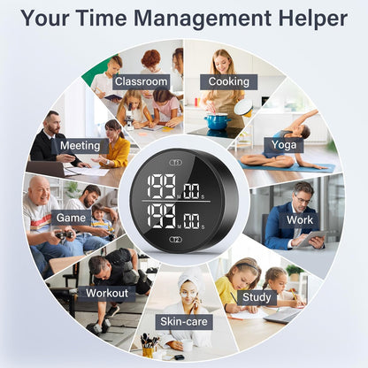 Dual Digital Kitchen Timer for Cooking, 199 Minutes Countdown & Stopwatch, Productivity Timer for Fridge, Big Digits, High-Definition Display, Rotary Adjustment, 3 Volumes, 2 Brightness Levels, Black