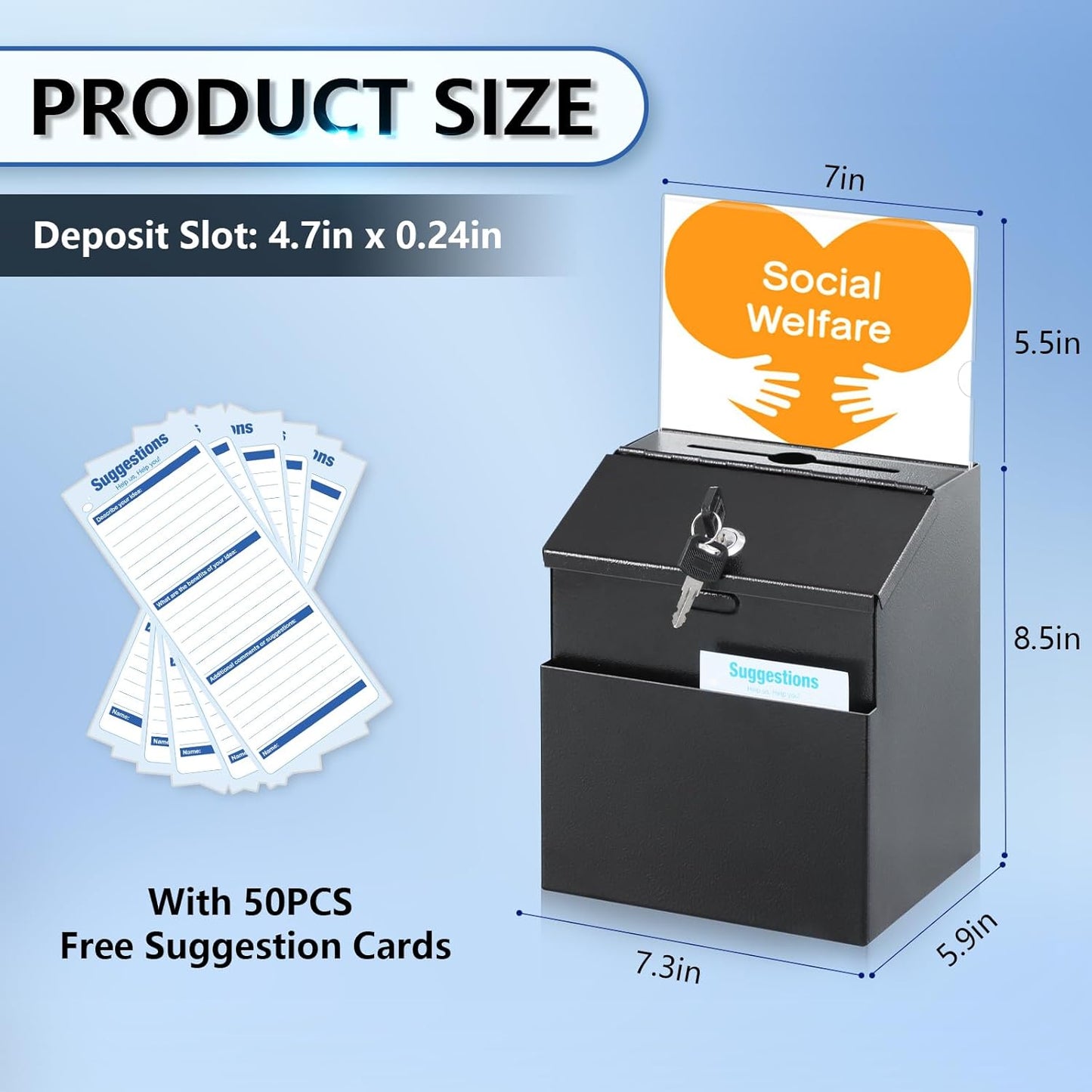 KYODOLED Suggestion and Ballot Box with Lock and Slot, Metal Wall Mounted Donation Key Drop Box with Clear Acrylic Sign Holder and 50 Free Suggestion Cards & 2 Keys, 8.5H x 5.9W x 7.3L Inch, Black