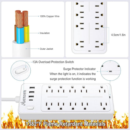 25 FT Power Strip with Surge Protection 1625W/13A, 14 Outlets and 4 USB Ports (1 USB-C), 16AWG, 1700J Flat Plug, White, ETL Listed