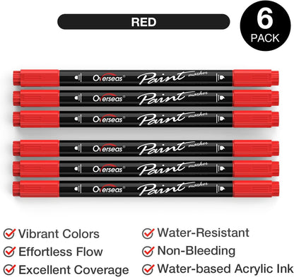 Overseas Red Acrylic Paint Markers, 6 Pack Dual Tip Paint Pens Acrylic Markers - Dot and Brush Tip Coloring Marker for Wood, Rock, Canvas, Glass, Metal, Plastic, Rubber, Fabric, School Supplies