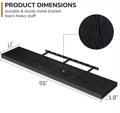 Fun Memories Floating Shelves - 12 Inch Rustic Wooden Wall Shelves - Extra Deeper & Thicker Wall Mounted Storage Shelf for Living Room, Kitchen, Farmhouse - 55" W x 12" D x 1.8" H - Rustic Black
