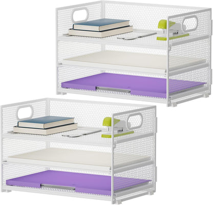 Marbrasse 3 Tier Paper Organizer Letter Tray, Mesh File Organizer with Handle, Paper Sorter Desk Organizer for Home Office Supplies - 2p Pink