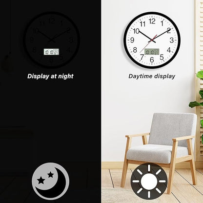 12" Digital Wall Clock with Temp Week Switchable Time and Perprtual Calendar on LCD Display, Silent Battery Operated Analog Clock for Bedroom Classroom Office Garage (Black)