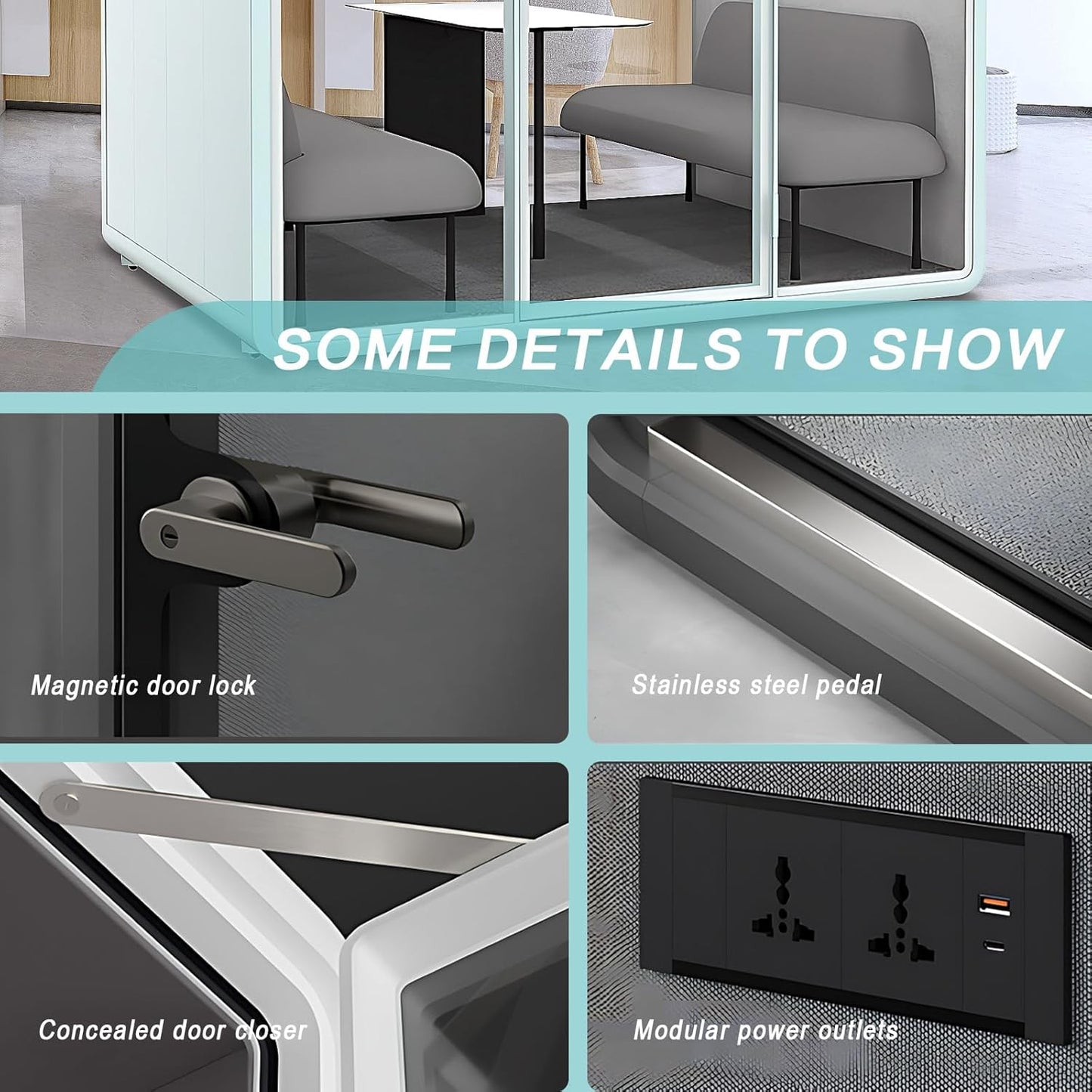 Office Sound Booth with Audio Privacy - Portable Soundproof Pod with Stylish Light Blue Frame,Soundproof Room with Light,Ventilation,Socket for Meetings,Report Presentations