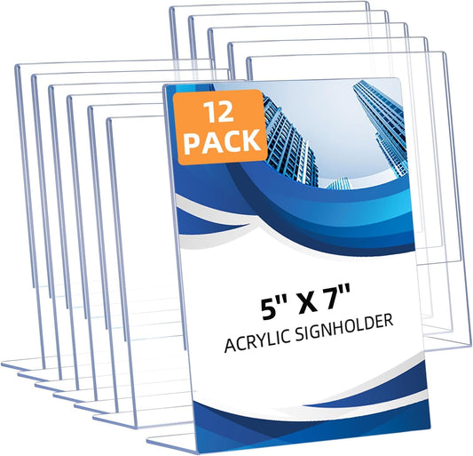 12 Pack Slanted Back Acrylic Sign Holders 5x7 for Business & Store, Tabletop Vertical Sign Holder with Anti-Slip Pads Clear Display Stand, for Menus Flyer Documents Office Restaurants Party Decoration
