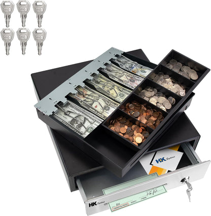 HK SYSTEMS 16inch "Stainless Steel" Front Heavy Duty Black POS Cash Drawer with 5Bill/5Coin