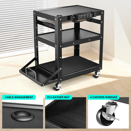 DNA MOTORING Steel AV Cart 3-Layer Rolling Projector Utility Cart, 24" X 18" X 20" - 30.5" Height Adjustable, with Wheels, Pullout Keyboard Tray, Power Strip, Cord Management, TOOLS-00495