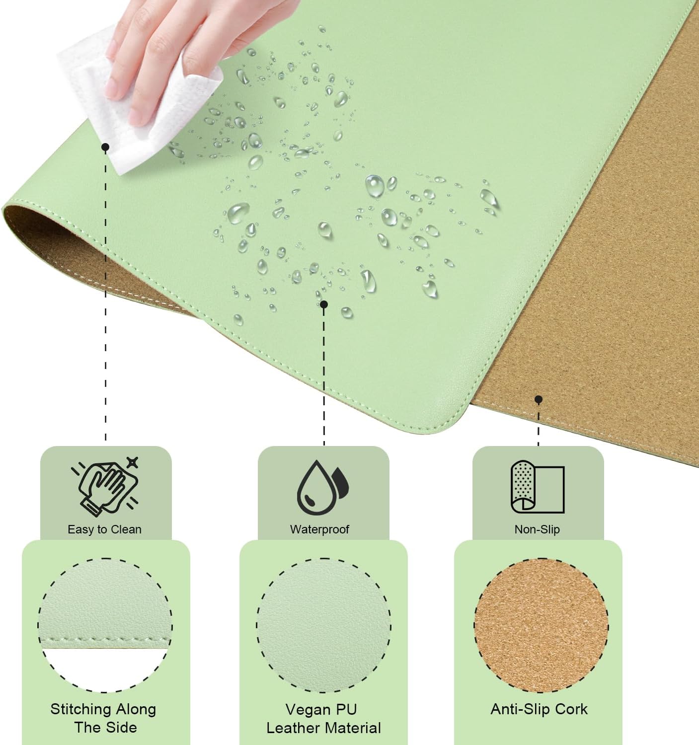 Dual-Sided Desk Pad, Natural Cork & PU Leather Mouse Pad for Desk, Desk Pad Protector, Non-Slip Desk Mat for Office and Home Work, (Light Green, 23.6" x 13.7")