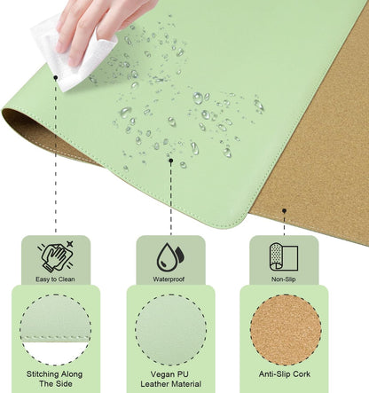 BLESWIN Large Desk Pad Mat 47.2"" x 17"", Office Desk Mat, Non-Slip PU Leather & Cork Desk Blotter for Keyboard and Mouse, Large Desk Mat, Large Mouse Pad for Office & Home(Light Green)