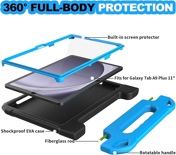 YIHE Kids Case for Samsung Galaxy Tab A11 Plus 2025 & A9 Plus 2023 11 Inch, Shockproof Handle Stand Cover with Built-in Screen Protector, Black&Blue