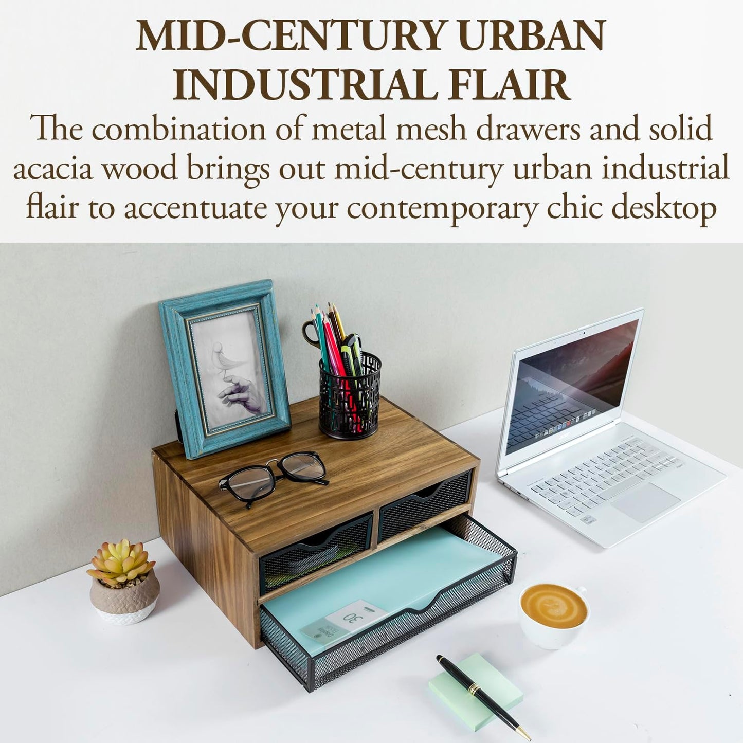 MyGift Premium Acacia Solid Wood Desktop Organizer Box with 3 Removable Black Metal Mesh Trays, Rustic Office Desk Supplies Storage Drawers for Accessories