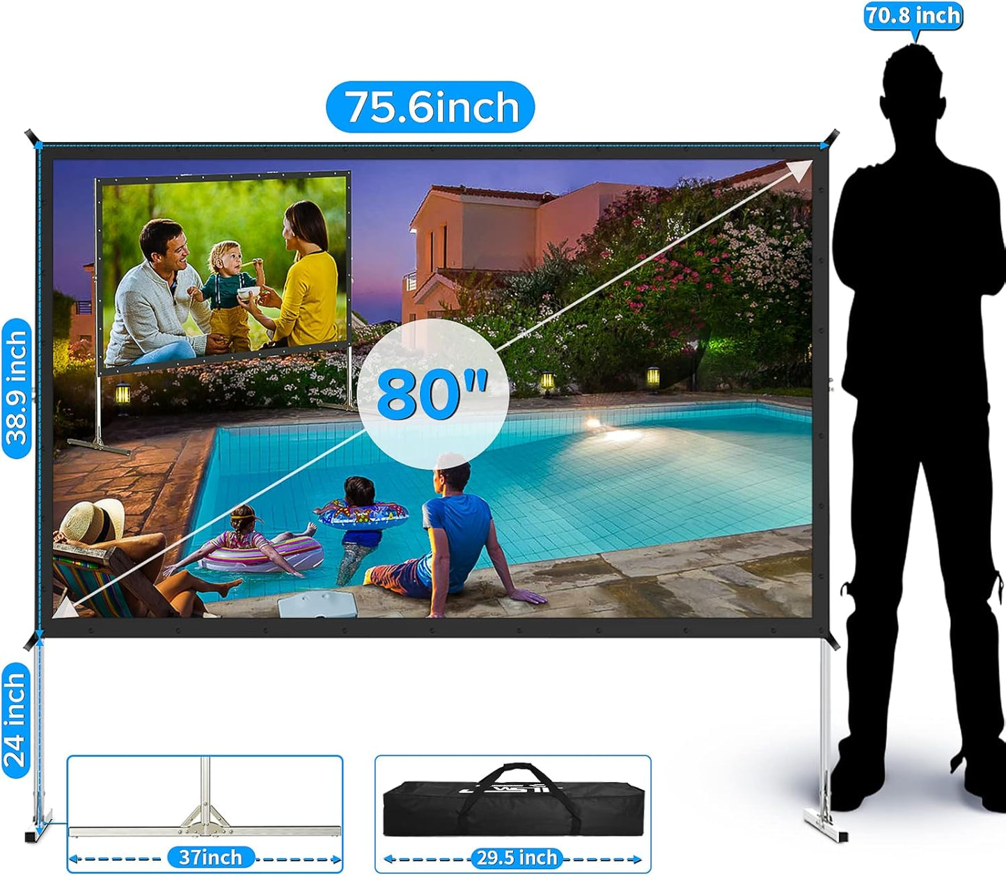 Projector Screen and Stand, 80 inch Outdoor Movie Screen-Upgraded 3 Layers PVC 16:9 Outdoor Projector Screen,Portable Video Projection Screen with Carrying Bag for Home Theater Backyard