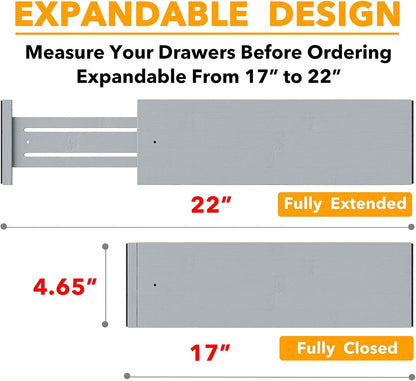 SpaceAid Bamboo Dresser Drawer Dividers 6 Pack, 4.65“ High Adjustable 17“-22” Drawer Organizers, Expandable Organization for Clothing, Clothes, Dressers, Gray