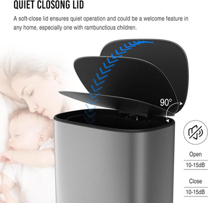 13 Gallon Stainless Steel Foot Pedal Large Trash Can with Soft Close Quiet Lid, Stainless Steel Thickened Body Oval Garbage Can with 30 Garbage Bags for Kitchen/Home/Office and More - Silver Gray