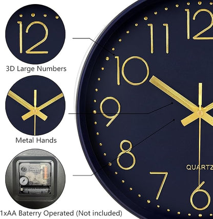 Silent Wall Clocks Battery Operated 8 Inch, Analog Wall Clock with Large Number Tempered Glass Clock Face, Navy Blue Quartz Non Ticking Wall Clocks for Living Room Bedroom Kitchen Office
