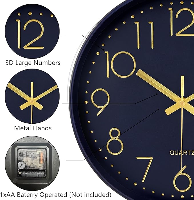 Modern Silent Wall Clock, 12 Inch Wall Clocks Battery Operated Large Number, Non-Ticking Analog Clock with Tempered Glass Quartz Clocks for Living Room Bedroom Office Kitchen, Navy Blue