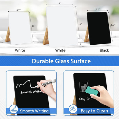 WALGLASS Desktop Black Glass Dry Erase Board 9.5"x 6.7" with Reversible Wood Stand, Small White Board, Portable Whiteboard for Desk, Reusable Desk Notepad with 2 Markers&Eraser for Home, Office