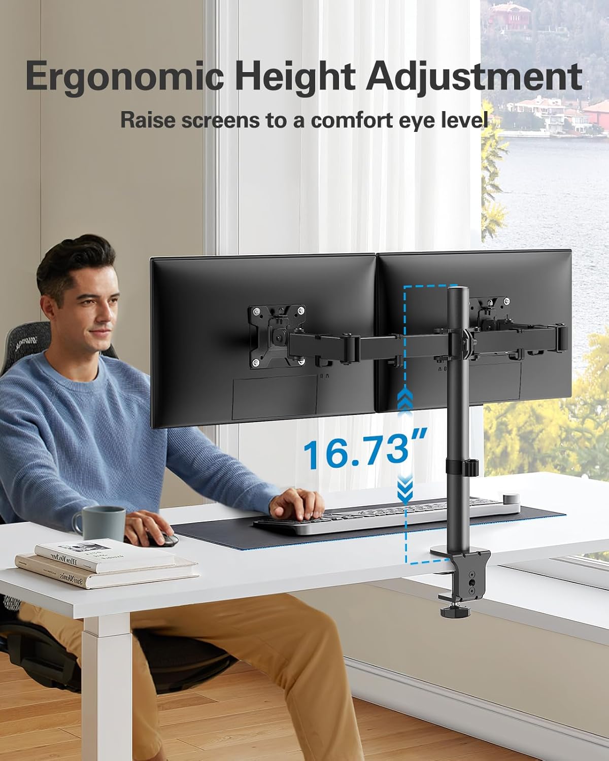 HUANUO Dual Monitor Desk Mount, Heavy-Duty Steel Adjustable Arm for 13-32 Inch Screens, Tilt, Swivel, Rotate, C-Clamp & Grommet Base, Holds up to 17.6 lbs per Arm, VESA 75/100mm