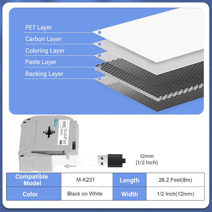 5 Pack M-K231 M Tape 12mm Compatible with M-K231s Brother Label Tape Black on White 0.47 Inch for P Touch PT-M95 PT95 PT65 PT-65 PT70 PT85 PT90 Label Maker Tape Refill