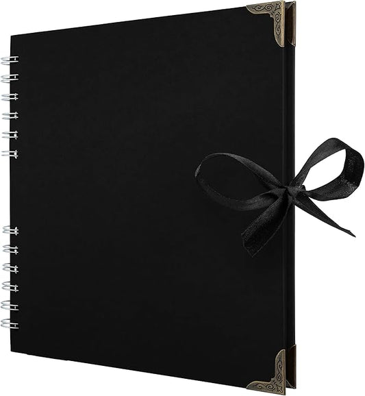 Bstorify Scrapbook Album 60 Pages (8 x 8 inch) Black Thick 250gsm Kraft Paper, Corner Protectors - Scrap Book, Ribbon Closure - Ideal for Your Scrapbooking Albums, Art & Craft Project