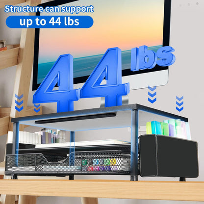 AUPSEN Wood Computer Monitor Stand Riser, 2-Tier Black Desk Organizer with Drawer, Pen Storage & Phone Holder ，Office Desk Accessories Desktop Organizer for Office Supplies