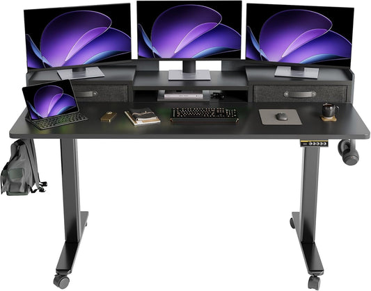 YDN Standing Desk with Drawers, 59 Inch Standing Desk Adjustable Height, Adjustable Electric Stand Up Sit Stand Small with Storage and Shelf, Black