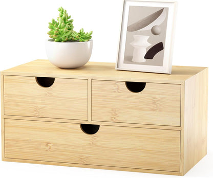Bamboo Desk Organizer with Drawers - Small Desktop Countertop Mini Tabletop Storage Container - No Assembly Required
