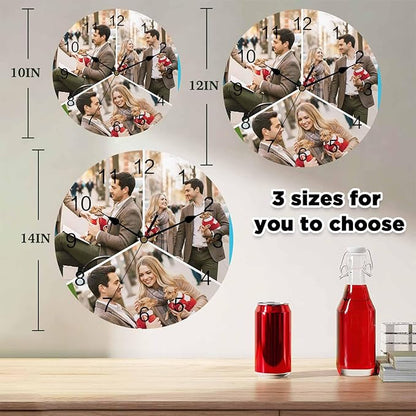 Custom 3 Photo Wall Clock, Personalized Picture Silent Wall Clock Non Ticking for Bedroom, Living Room, Kitchen, Office, Idea Gifts for Couples, Boyfriend, Girlfriend, Family (10", 12", 14")