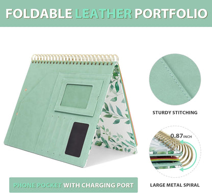 Clipboard with Storage for Men Women, Leather Padfolio Portfolio Organizer 5 Folders with 10 Pockets, Spiral Clipboard Folio with Notepad for Letter Size, Elastic Closure and Pen Loop Green Plants