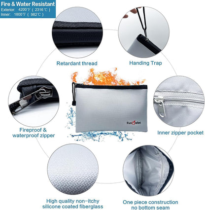 Fireproof Safe Money Document Bags - 2 Pack 13.4" x 9.8" and 10.6" x 6.7" Waterproof Zipper Bag, Fire & Water Resistant Storage Organizer Pouch for A4 A5 Documents Holder,File,Cash,Passport,Tablet