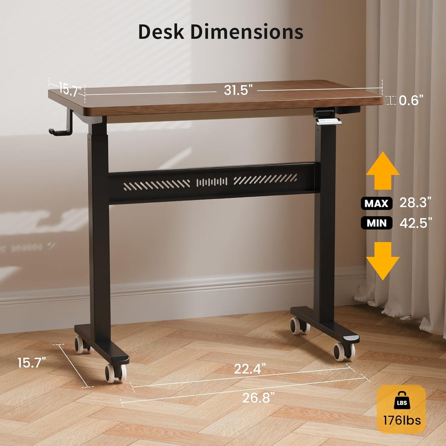 Mobile Standing Desk with Wheel, Pneumatic Height Adjustable Standing Desk for Walking Pad, Rolling Computer Workstation with 28.3"–42.5" Height, 31.5" x 15.7" Desktop for Home Office (Mahogany)