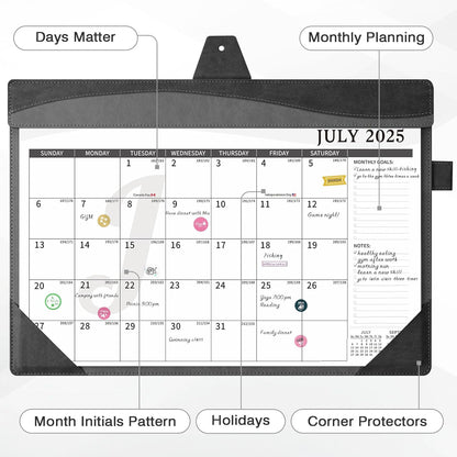 Ospelelf Desk Calendar 2025-2026 Large 12"x17" Leather Monthly Planner Pad with Protective Cover 18 Months July 2025 to Dec 2026 Black Gray