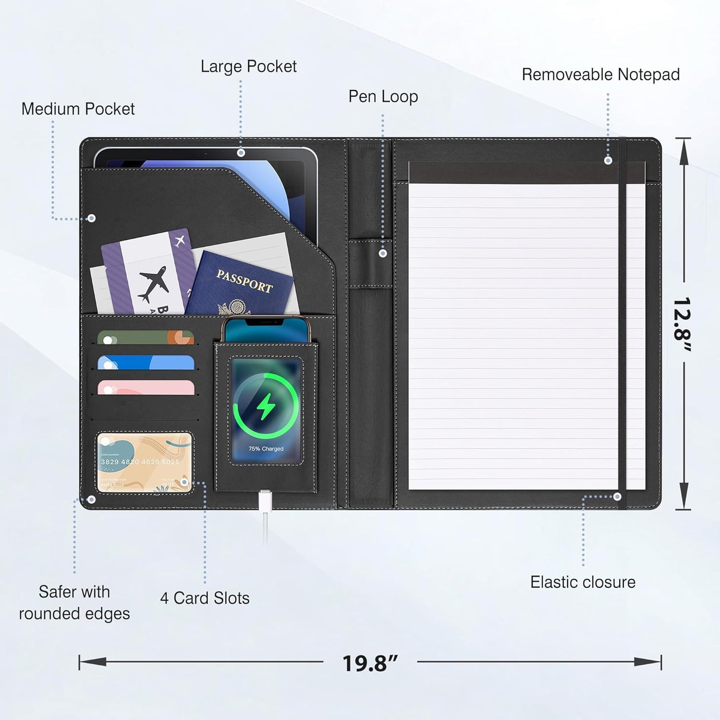 Ospelelf Foldable Leather Clipboard Padfolio with Notepad 8.5 x 11, Business Clipboard Portfolio Organizer, Flowers
